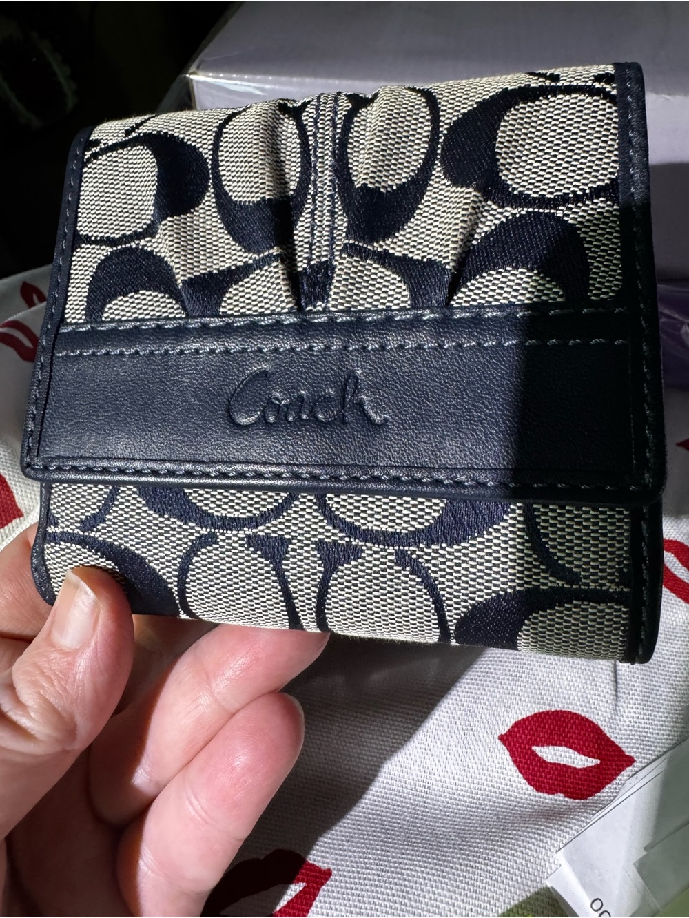 Coach Signature Small Fold Wallet in Navy and Cream